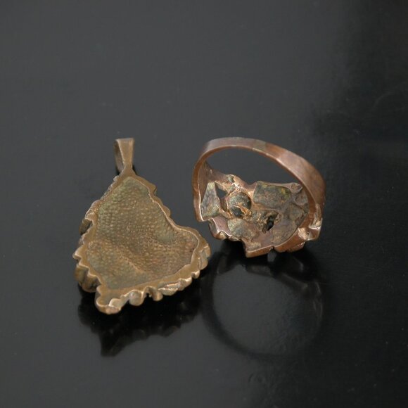 Vtg Mid Century Modernist Brutalist Bronze Nugget Necklace Pendant & Copper Ring - Picture 5 of 5
